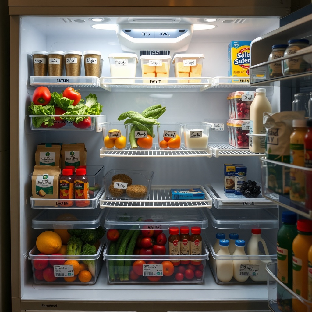 Organized refrigerator with labeled clear bins containing fruits, vegetables, and other groceries.
