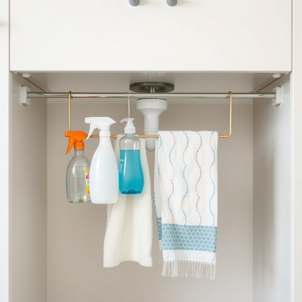 Tension rod used to hang cleaning supplies and towels under a sink.