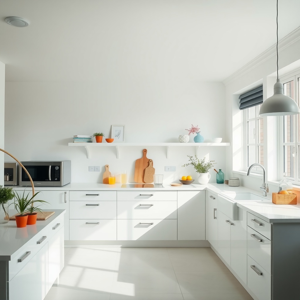 A modern kitchen featuring crisp white cabinetry and bright accents.