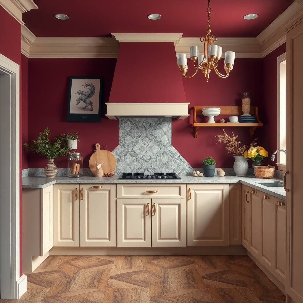 A kitchen with deep burgundy walls, light cabinetry, and a stylish design.
