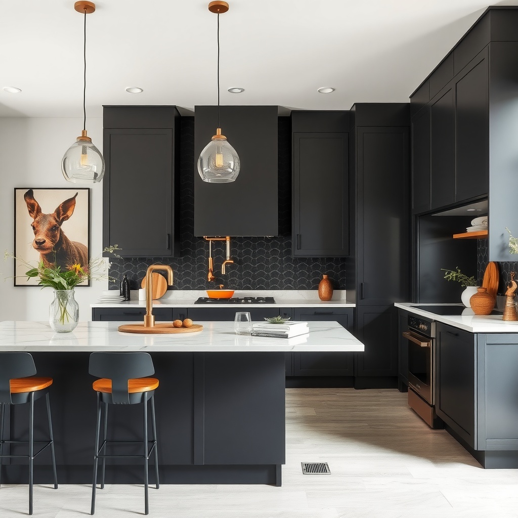 A modern kitchen featuring dark cabinets, a marble countertop, and stylish decor.