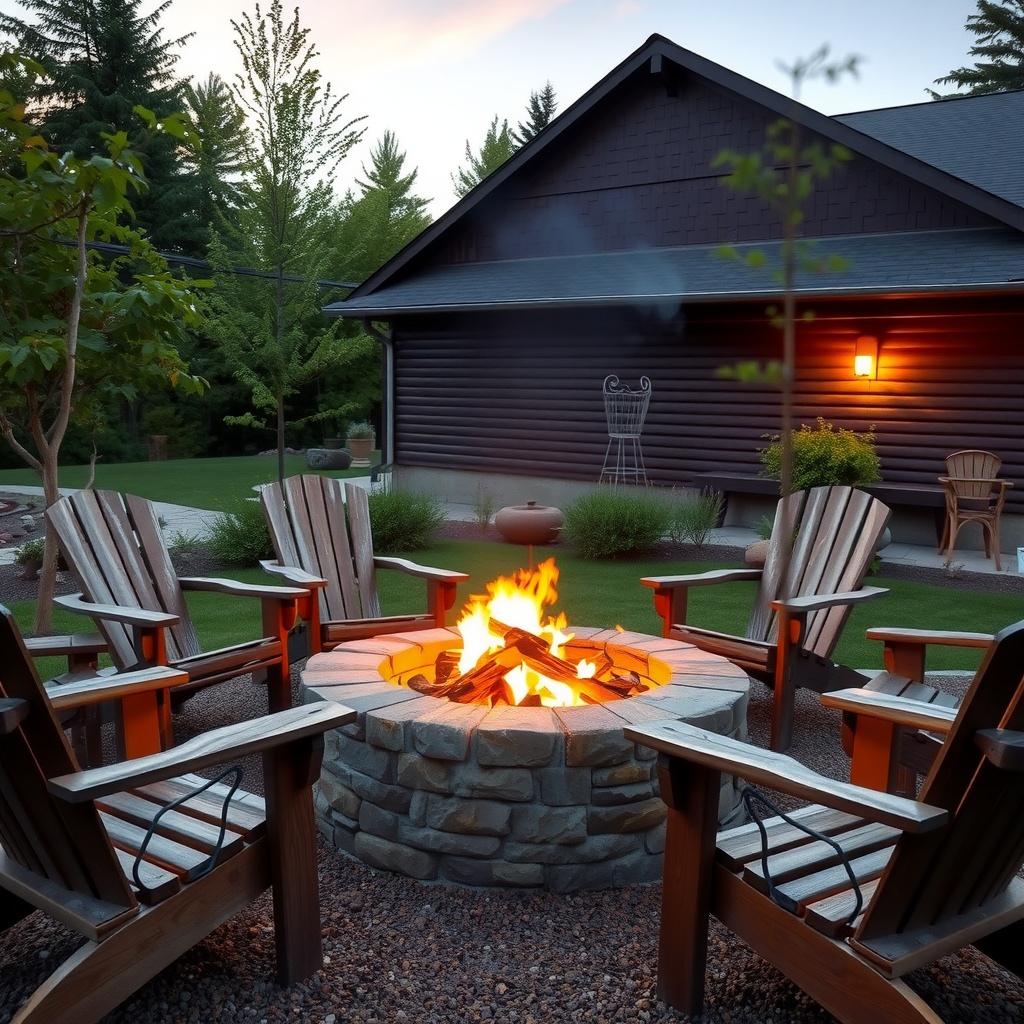 Cozy outdoor fire pit area with wooden chairs and a stone surround.