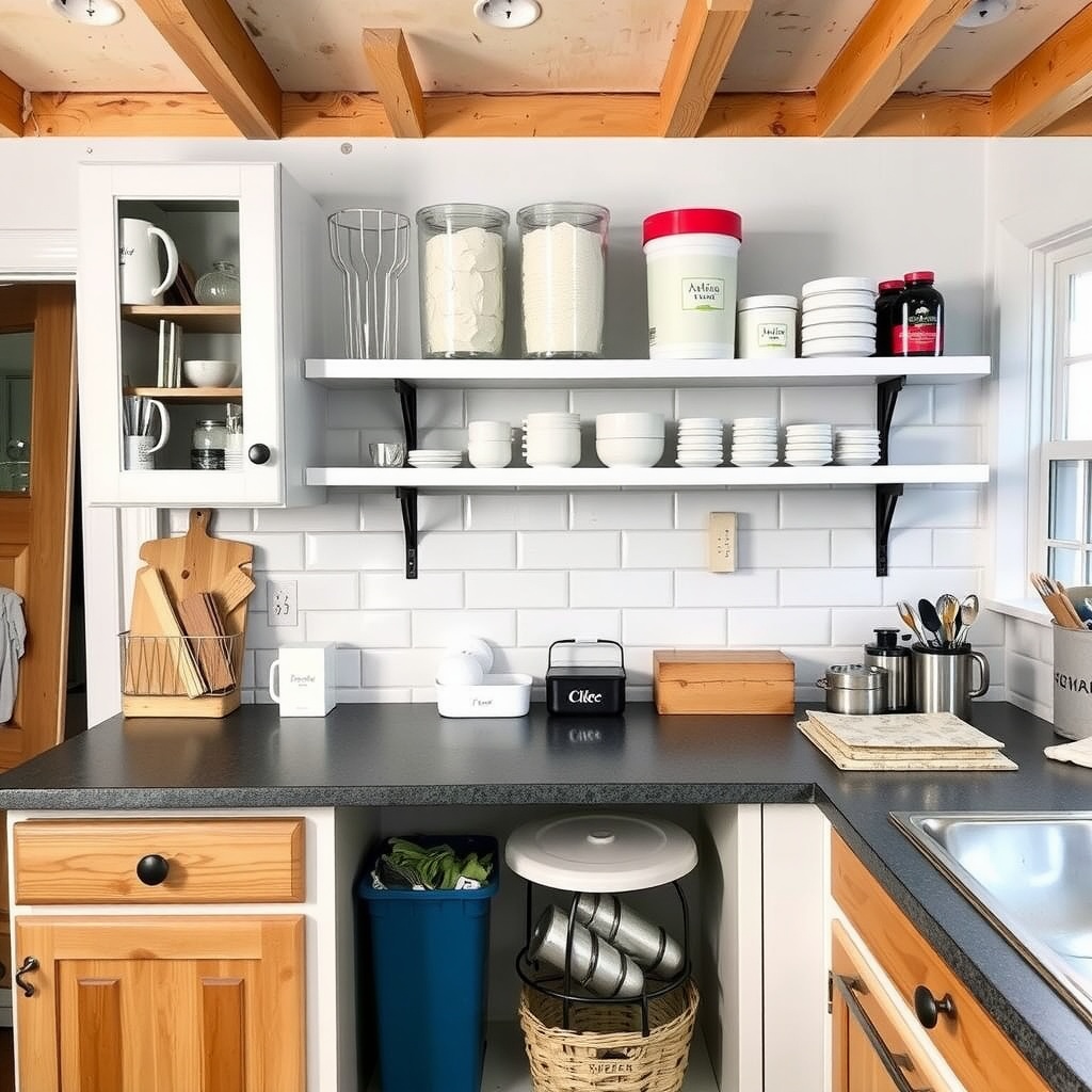 A kitchen with open shelves and simple storage solutions for organization.