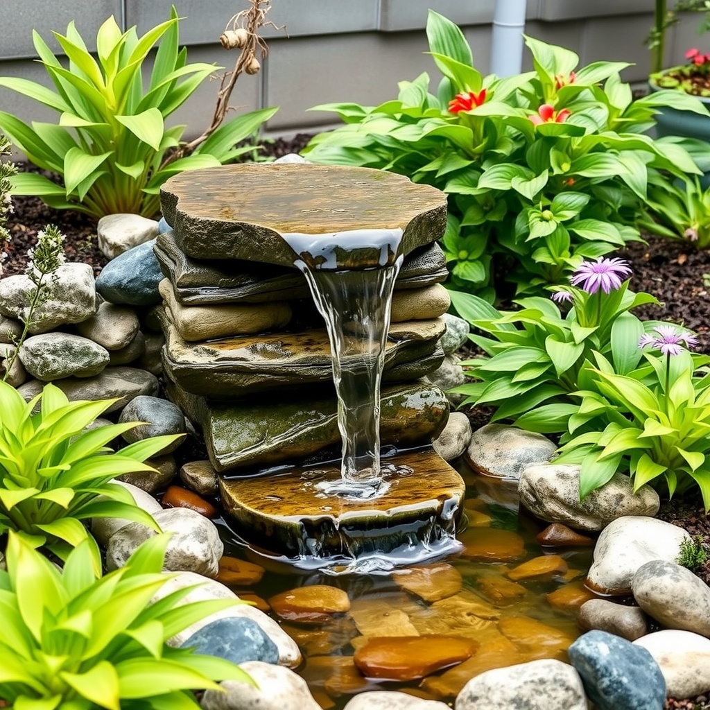 A DIY water feature made of stones with water flowing over rocks, surrounded by green plants.