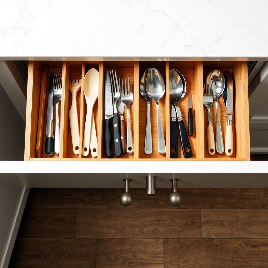 A kitchen drawer with neatly arranged utensils using bamboo dividers.