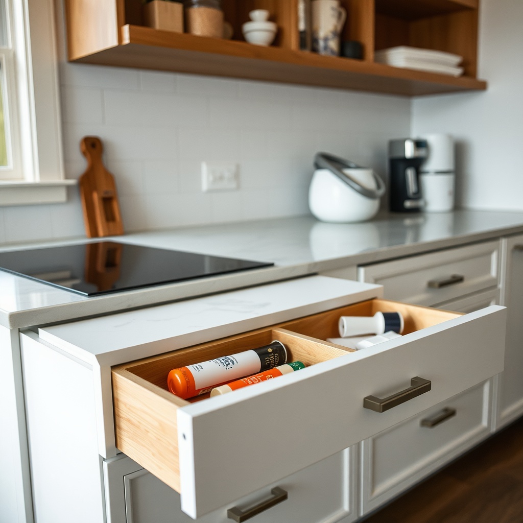 A kitchen drawer partially opened, showing organized storage with bottles and tubes inside.