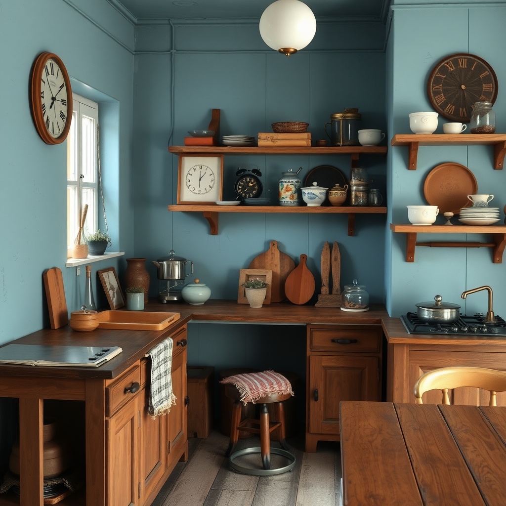 A cozy kitchen featuring dusty blue walls, wooden shelves, and a warm atmosphere.