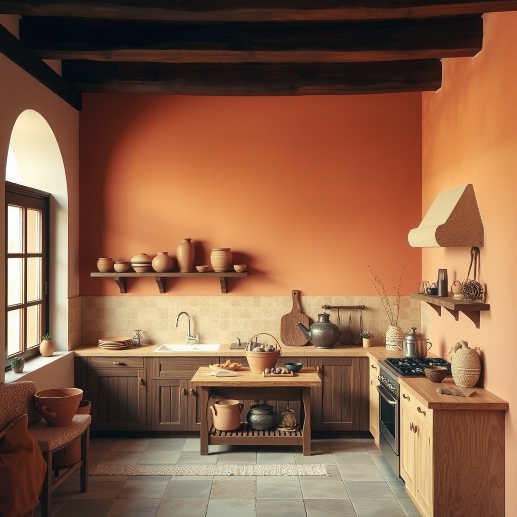 A cozy kitchen featuring earthy terracotta walls, wooden cabinets, and various pottery.