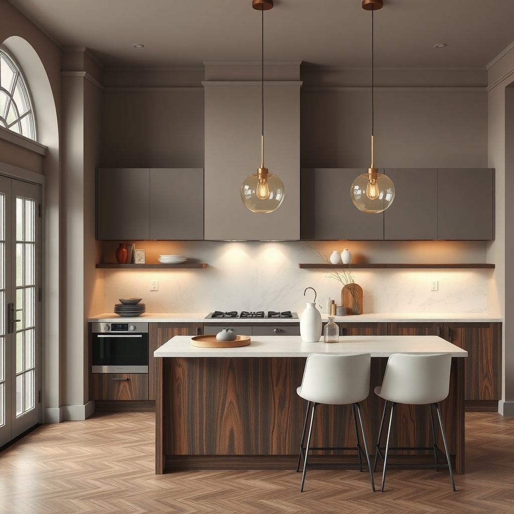A modern kitchen featuring taupe cabinets and a stylish island with chairs.