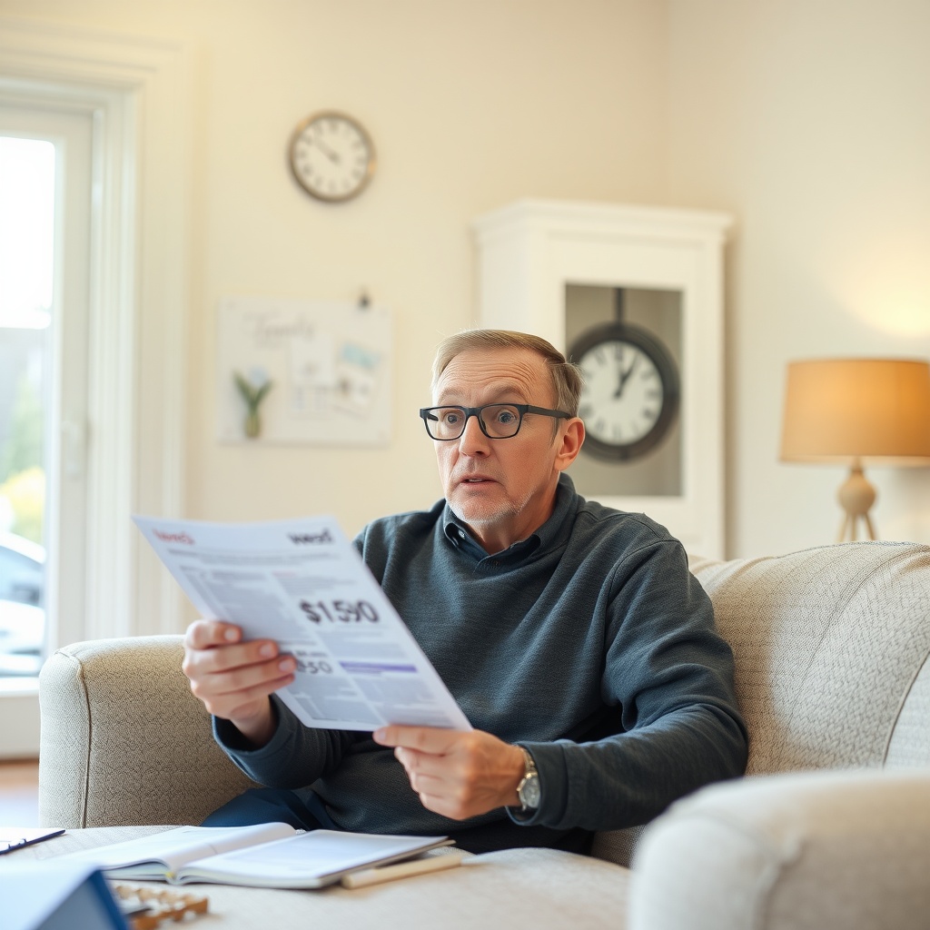 A man looking concerned while reading a bill or estimate in a cozy living room.