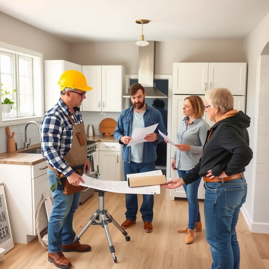 A group of professionals discussing kitchen renovation plans in a modern kitchen.