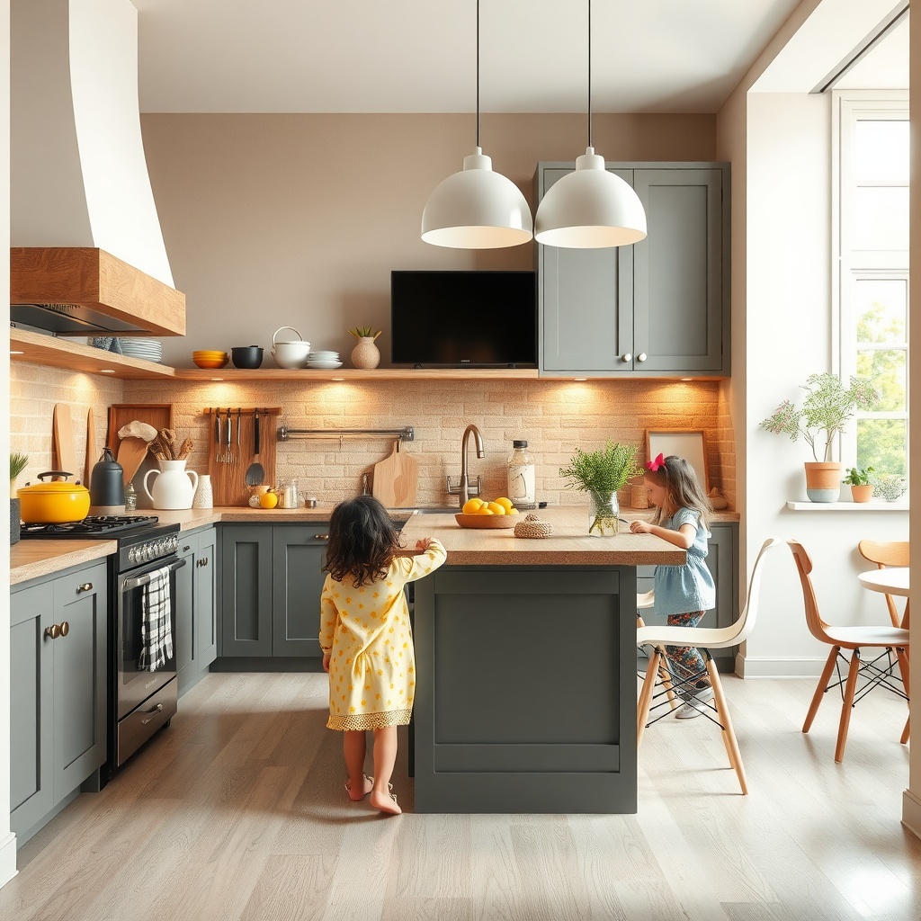 Children in a bright, modern kitchen with wooden cabinets and plants.