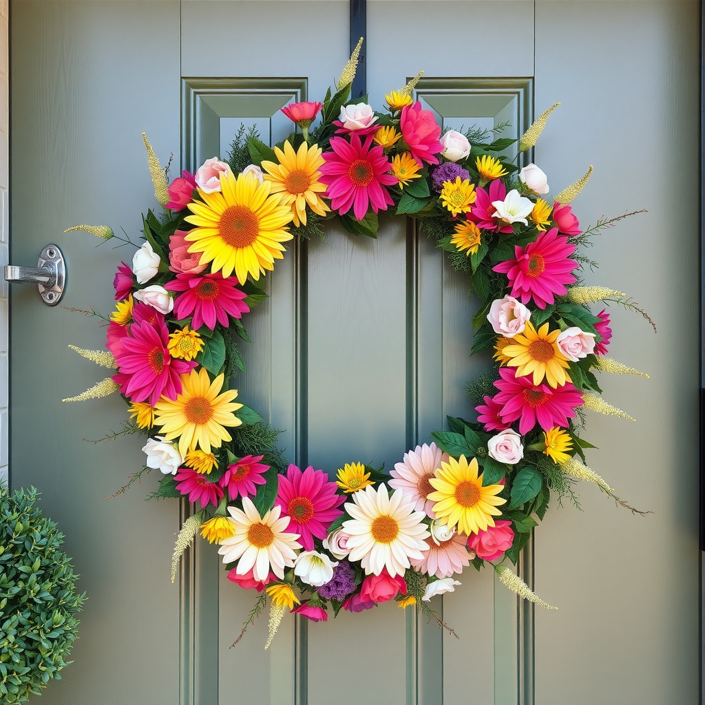 A colorful summer wreath adorned with bright flowers, hanging on a door.