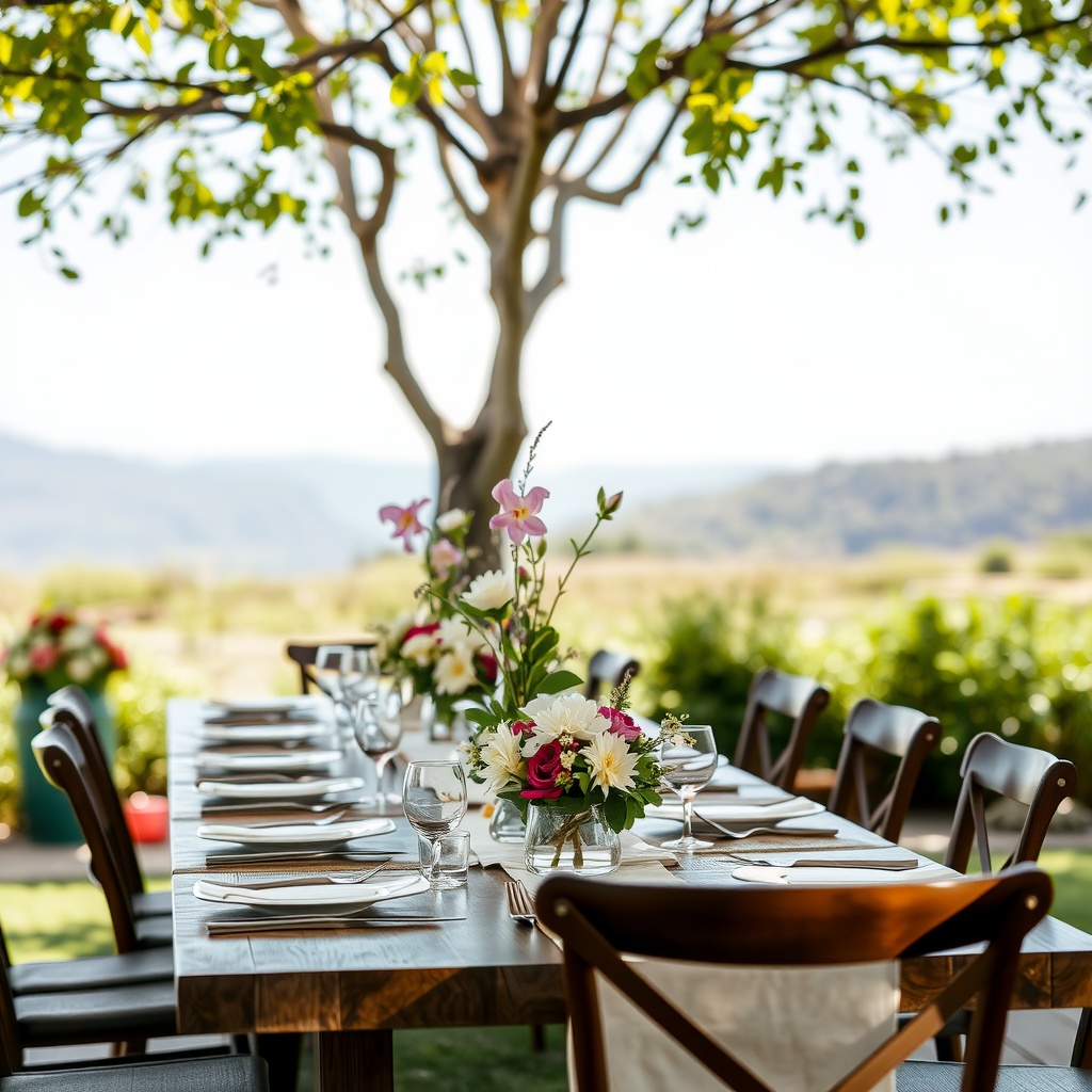 Beautiful floral table centerpieces on an outdoor dining table