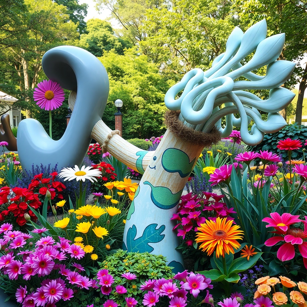 Colorful garden art installation with flowers