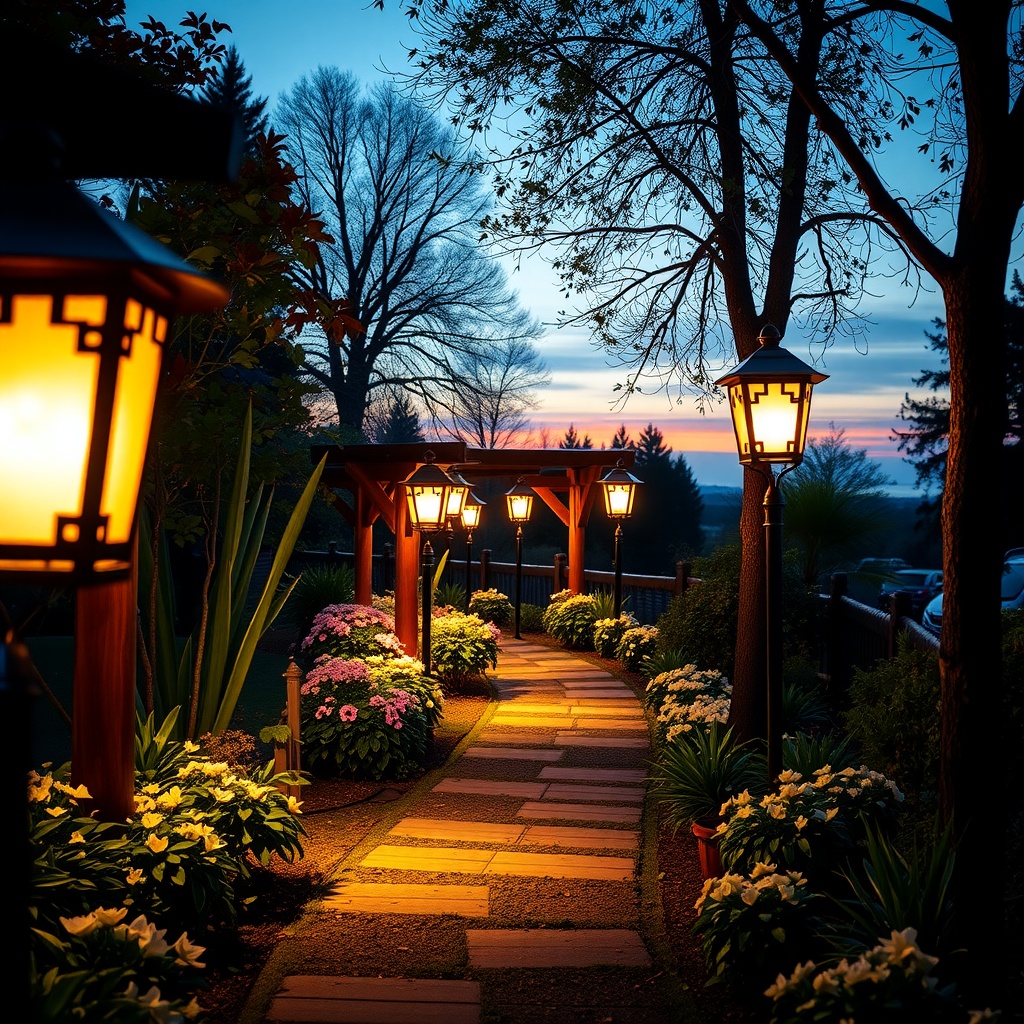 A picturesque garden pathway illuminated by several glowing lanterns, surrounded by colorful flowers at twilight.
