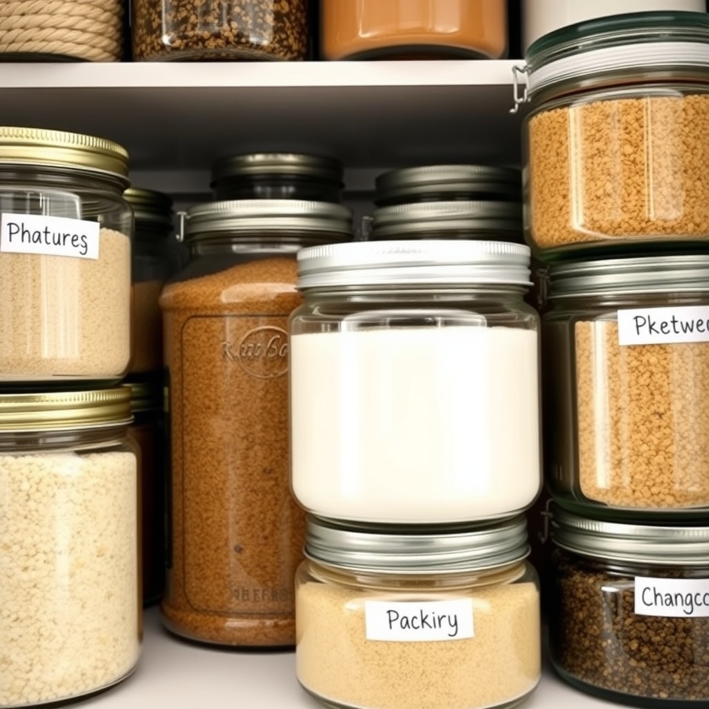 A collection of labeled glass jars filled with various dry goods on a pantry shelf.