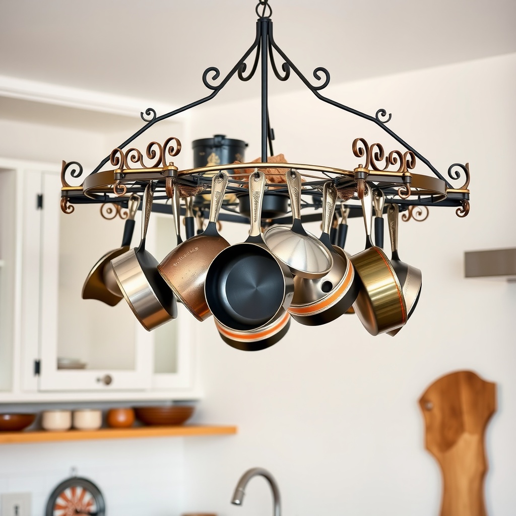 A decorative hanging pot rack with various pots and pans displayed.