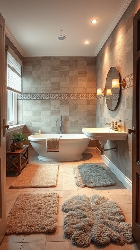 A spa-inspired bathroom featuring heated flooring, a freestanding bathtub, and plush rugs.