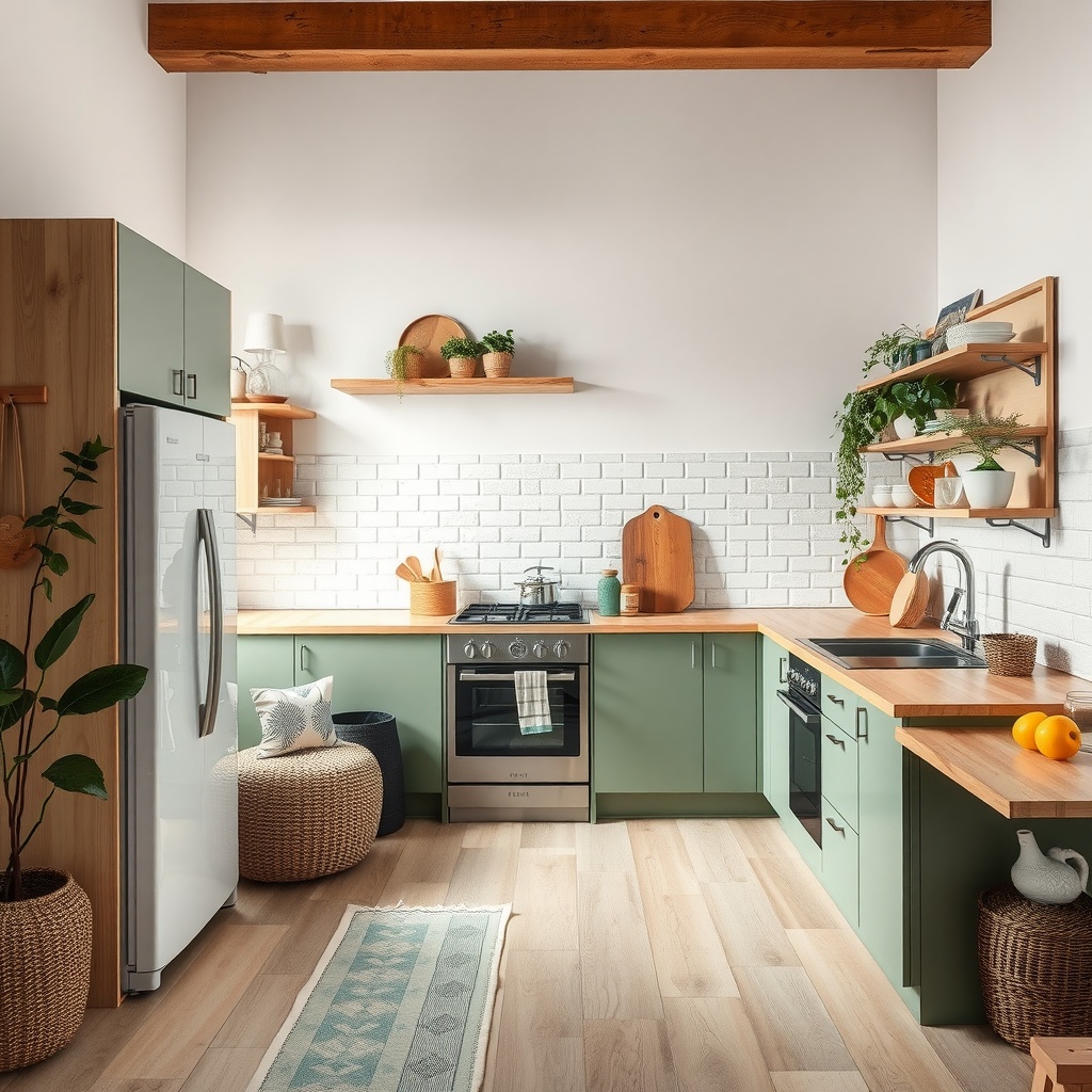 A modern kitchen featuring eco-friendly design elements with plants and natural materials.