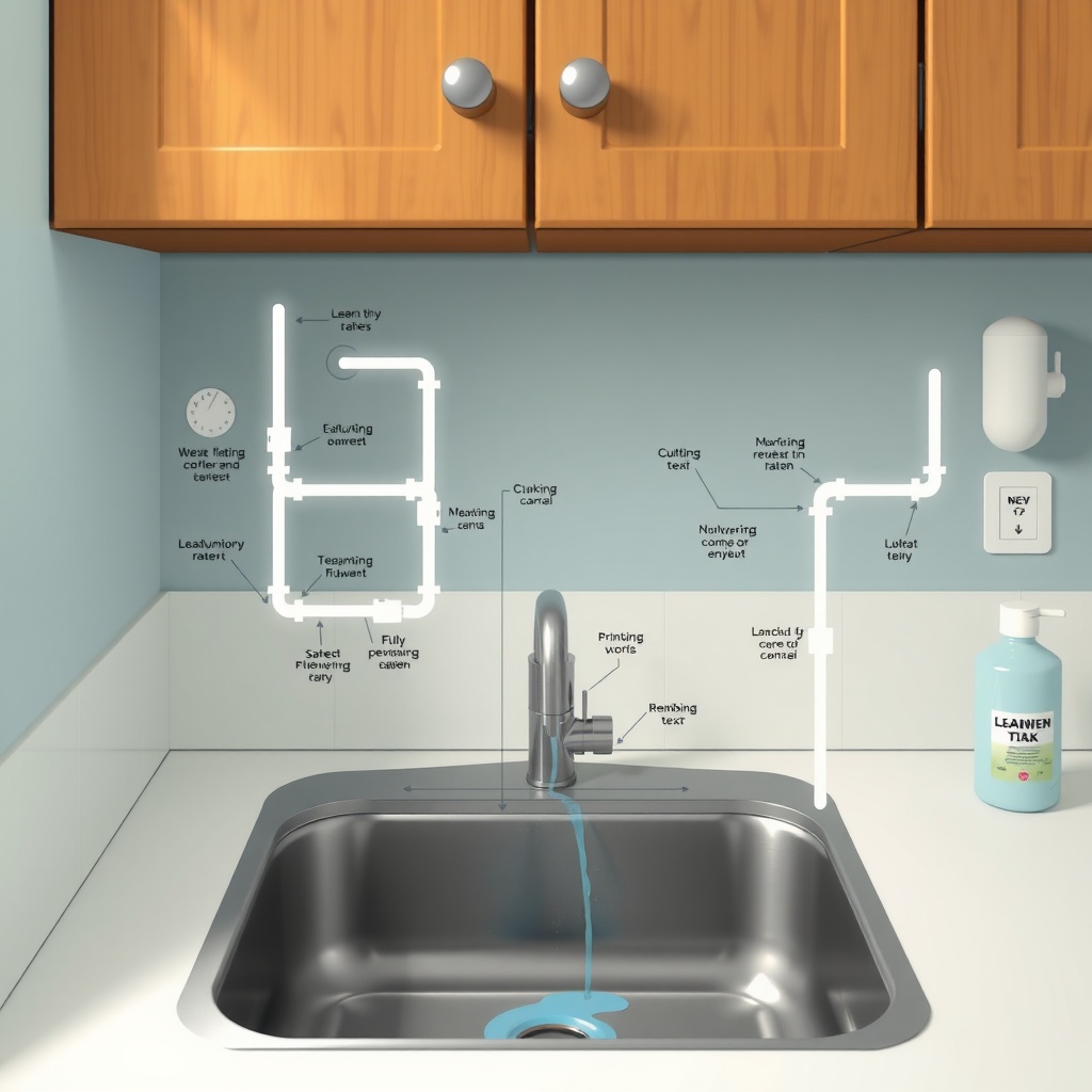 A kitchen sink area showing plumbing diagrams and a leaking tap.