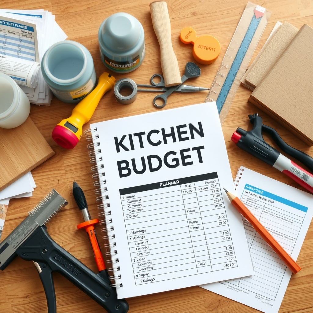 An organized kitchen budget planner with various tools and materials for renovation.