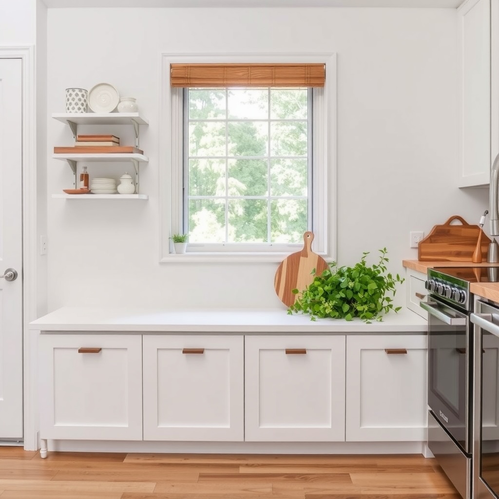 A modern kitchen featuring an in-built storage bench beneath a window, with shelving above for decorative items.