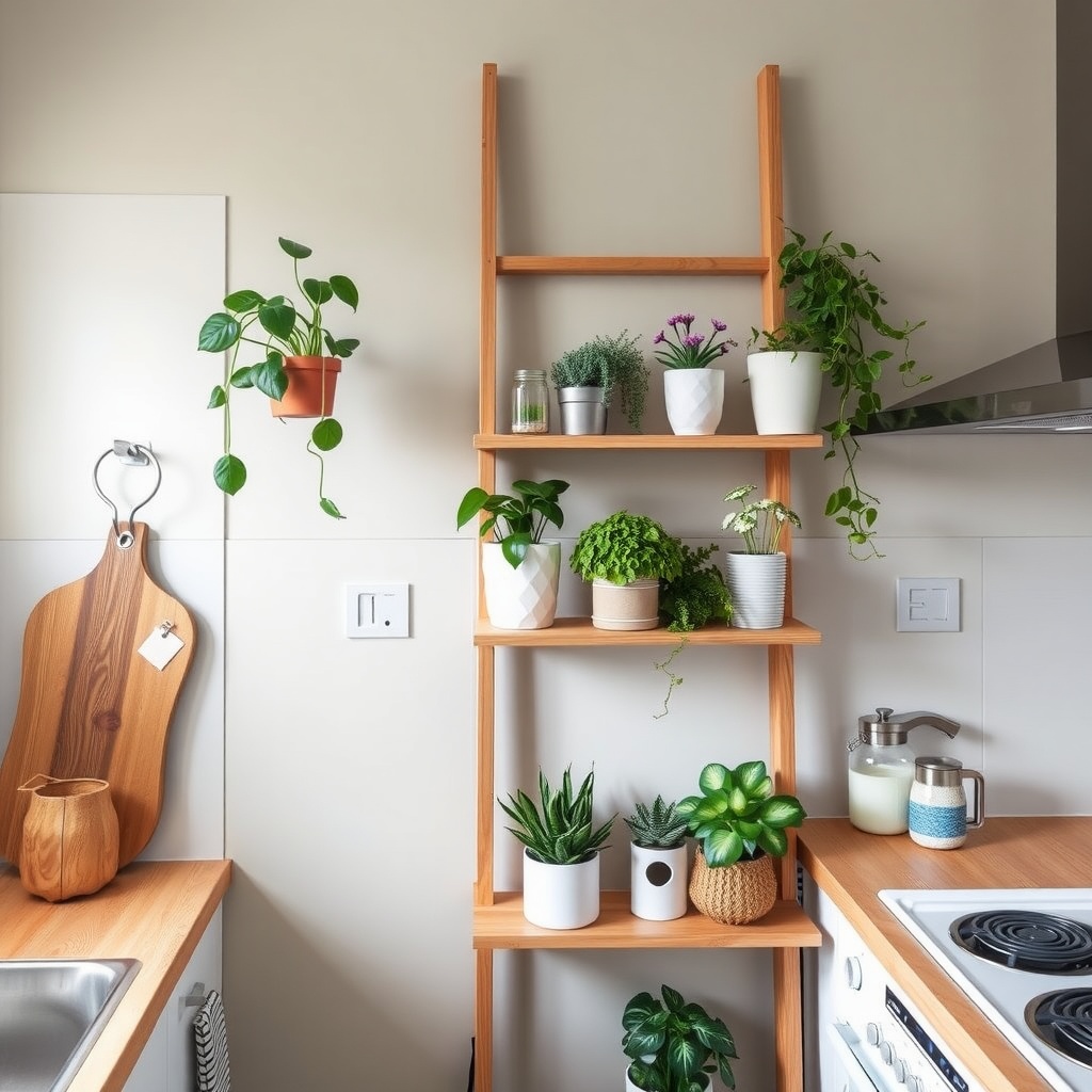 A wooden ladder shelf decorated with plants and kitchen items near a window.