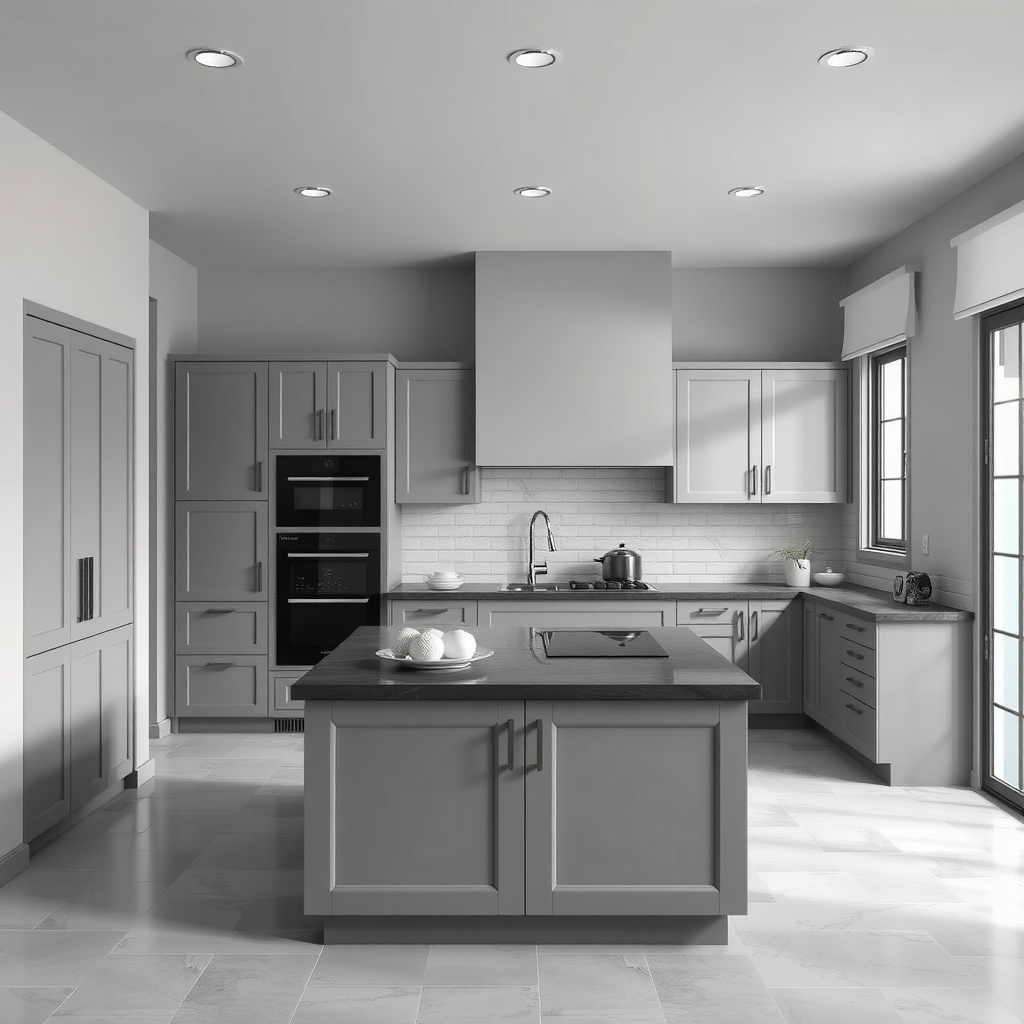 A modern kitchen featuring light gray cabinetry and charcoal accents.