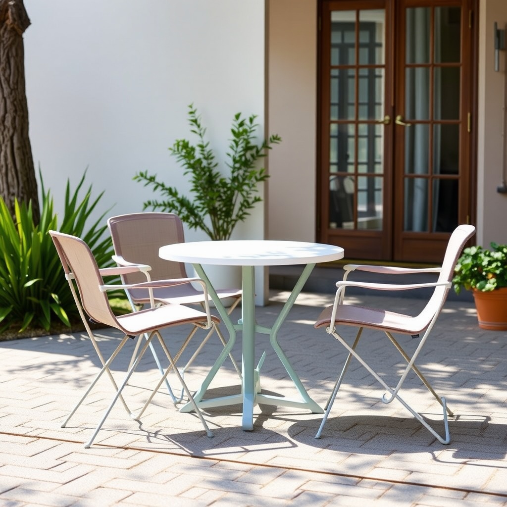A set of lightweight folding chairs around a small table in an outdoor setting.