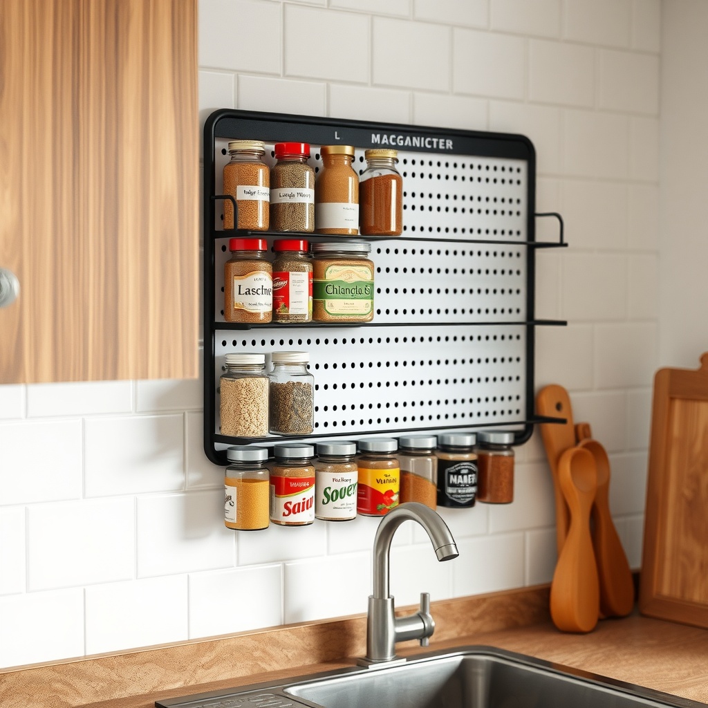 Magnetic spice rack with various jars and spices organized on a wall