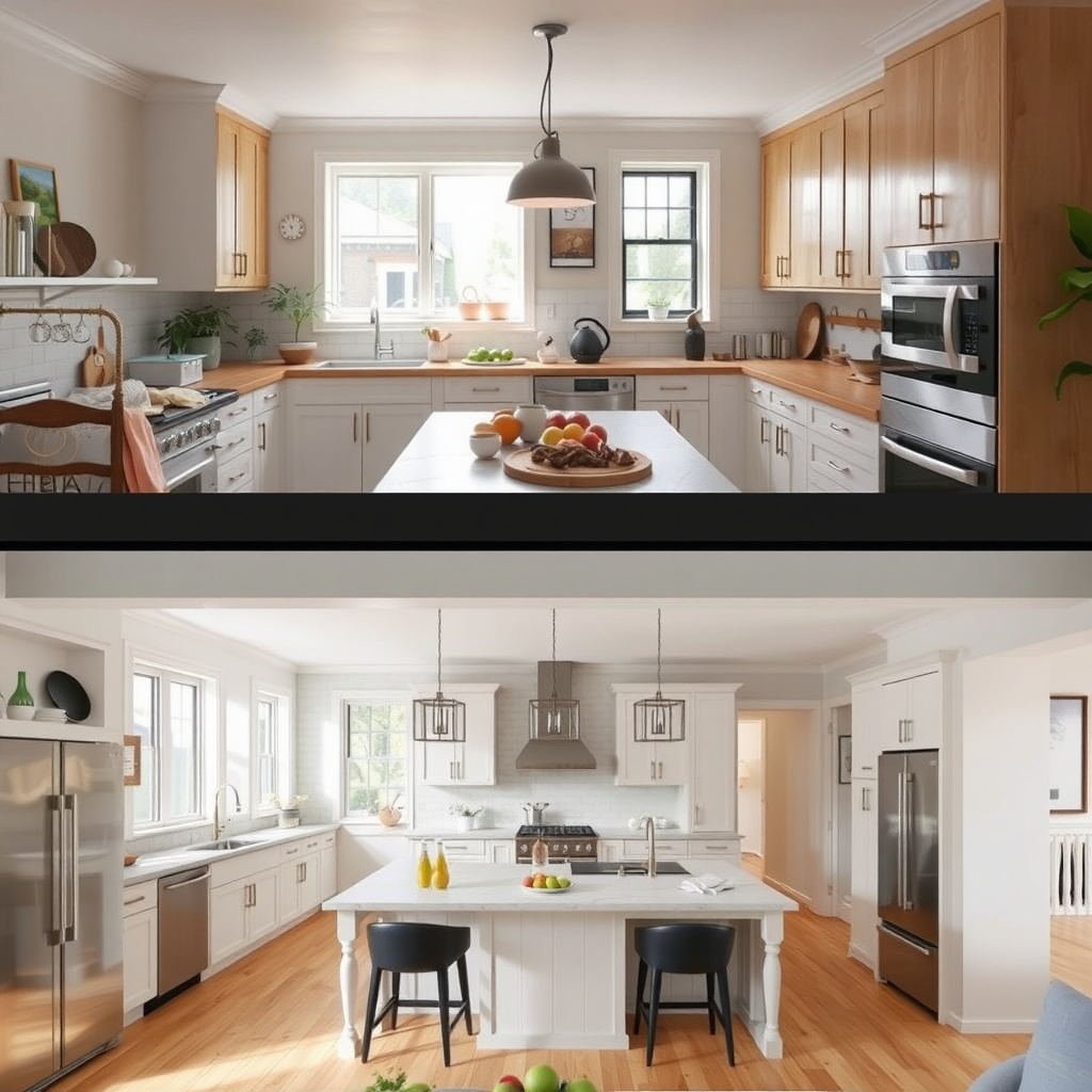 A modern kitchen with people cooking and interacting, showcasing the importance of traffic flow.