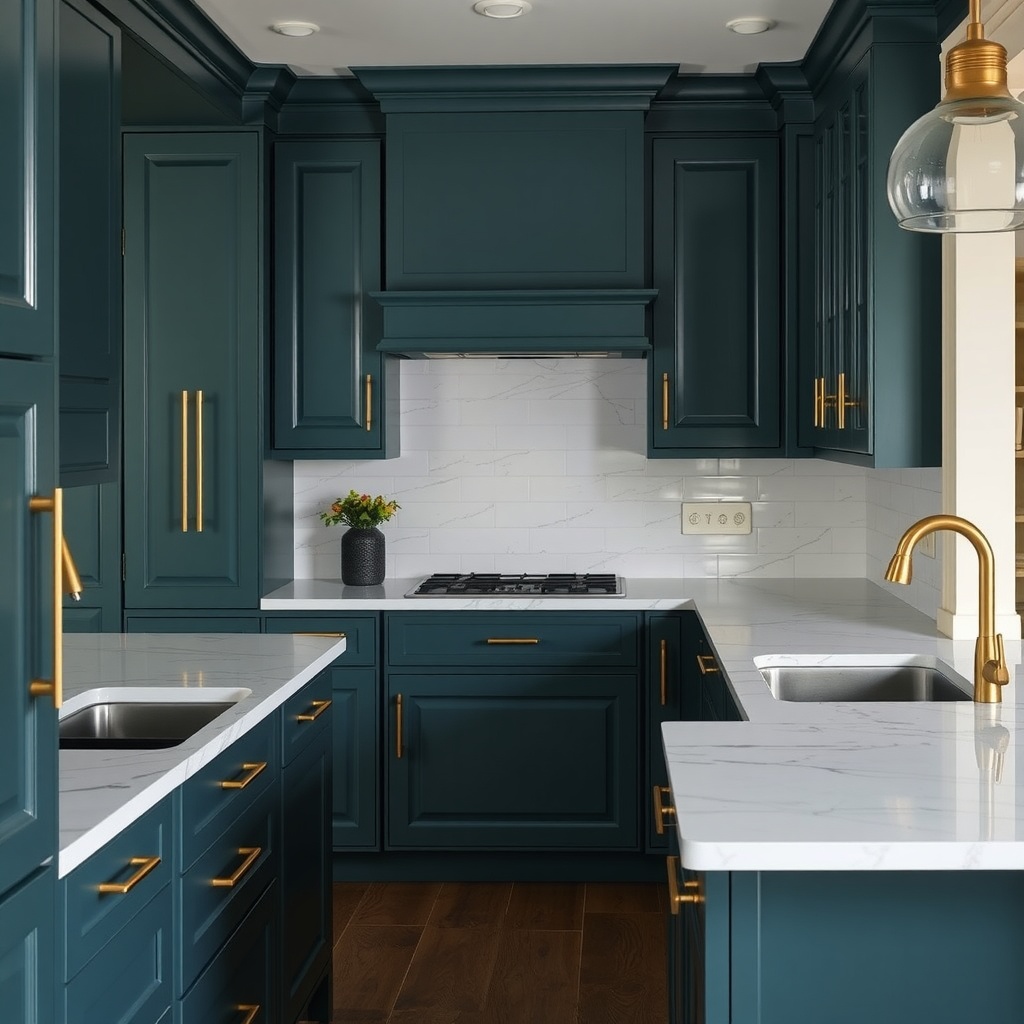 A kitchen featuring deep moody teal cabinets and gold hardware, showcasing a modern and inviting design.