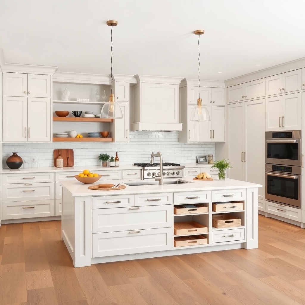 A modern kitchen featuring a multi-functional island with storage drawers and a clean design.