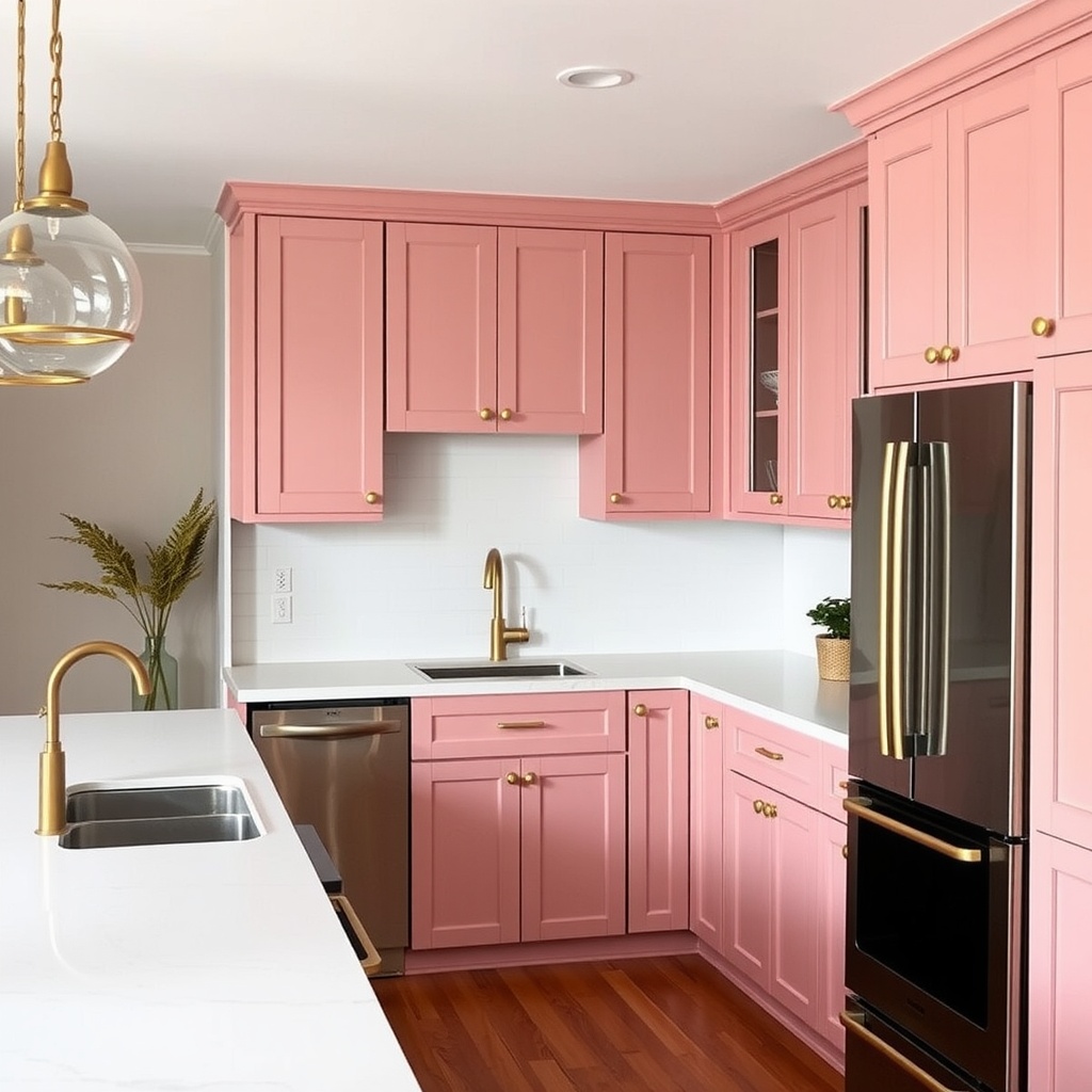 A kitchen featuring muted blush pink cabinets and gold hardware.