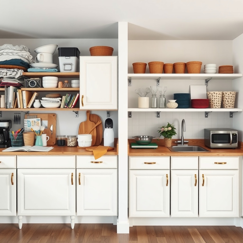 A neatly organized kitchen with open shelves and cabinets displaying various kitchen items.