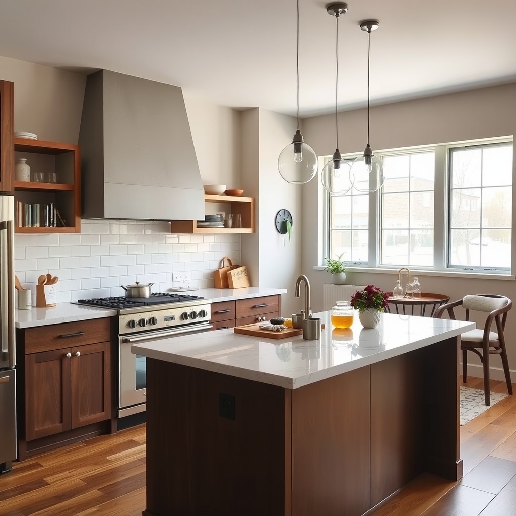 A modern kitchen featuring a spacious countertop with wooden cabinets and bright lighting.