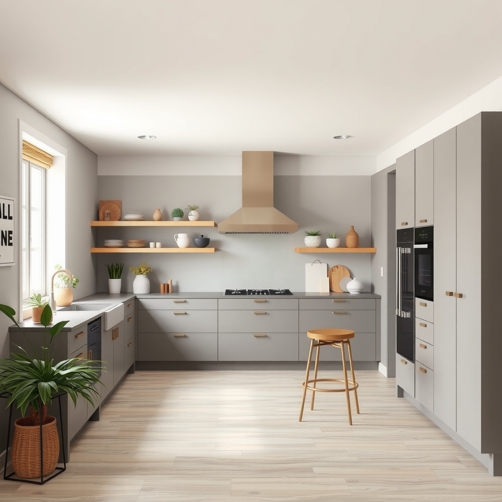 A modern kitchen featuring neutral greige cabinetry and decor.