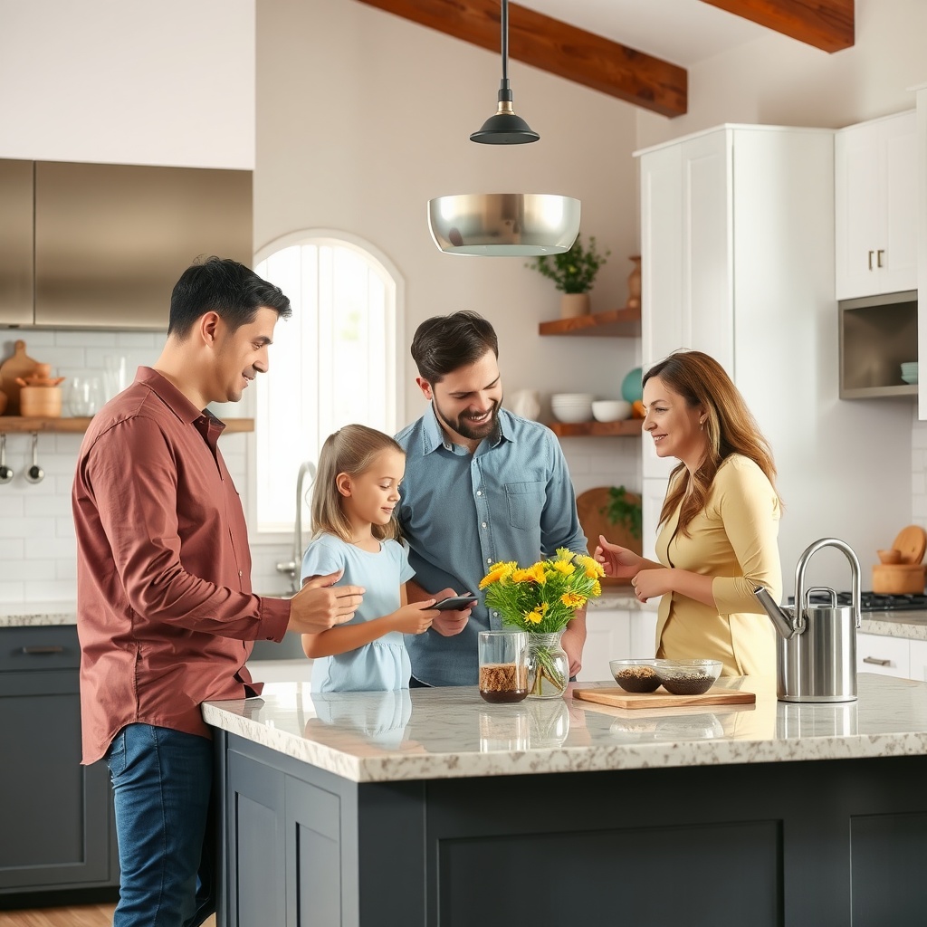 A group of four people talking in a modern kitchen.