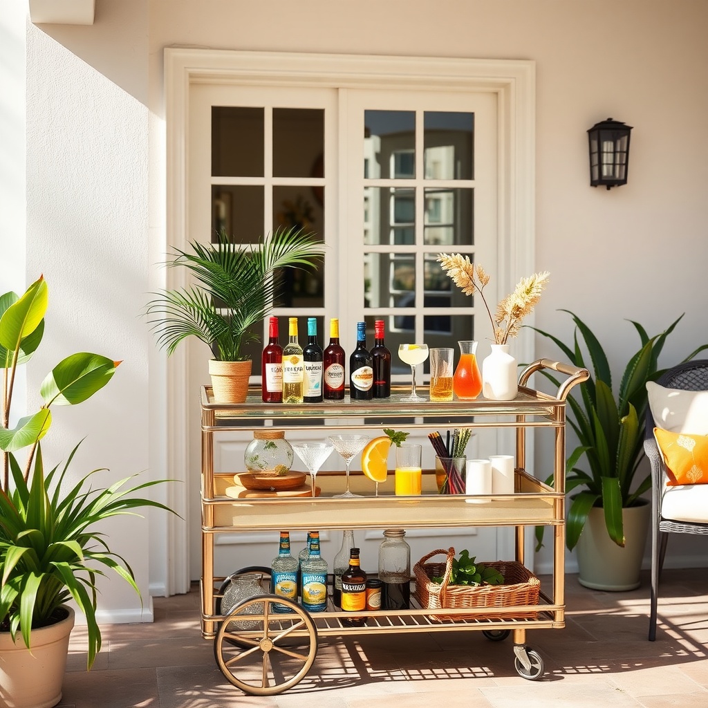 A stylish outdoor bar cart with drinks and snacks, surrounded by greenery.