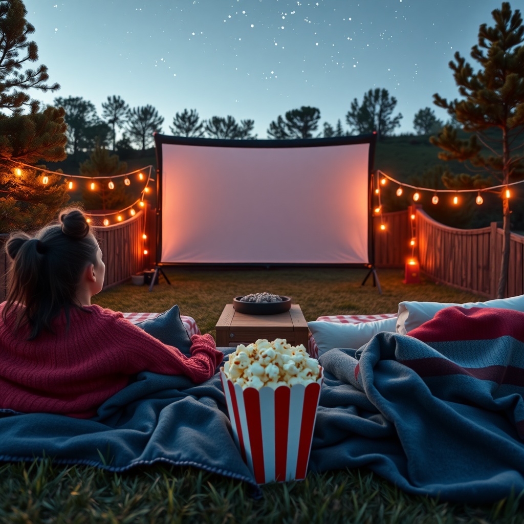 Cozy outdoor movie setup with blankets, pillows, and popcorn under the stars.