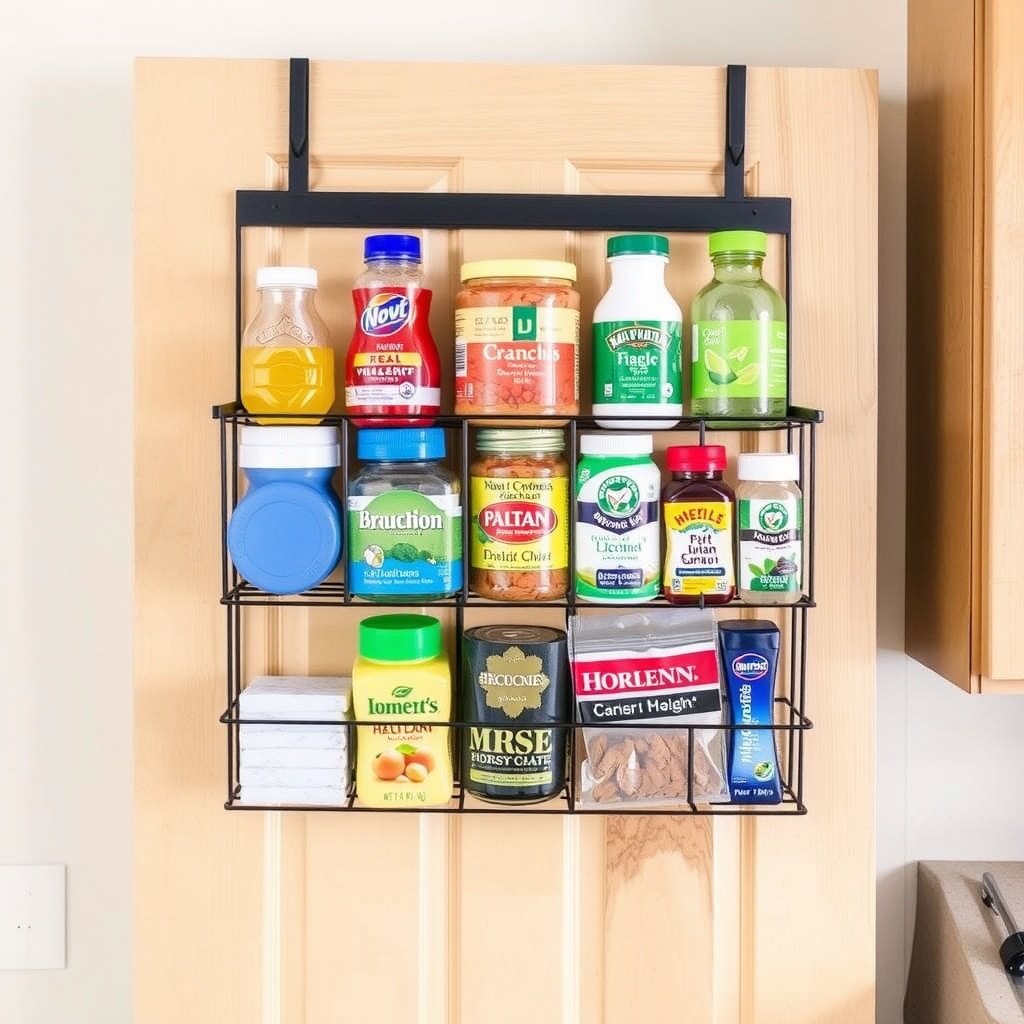 Over-the-door storage solution displaying various kitchen items, including sauces and cleaning supplies.