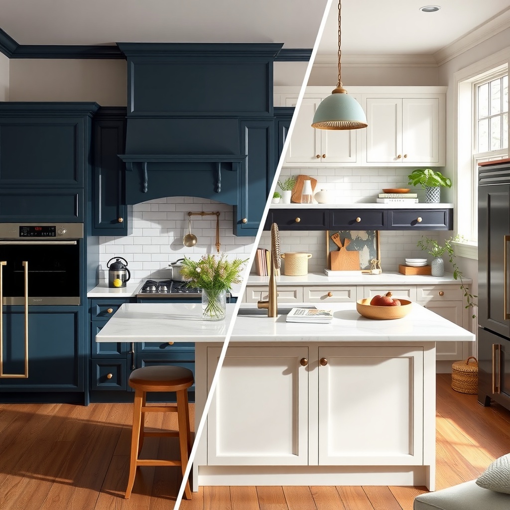 A split image of two different kitchen designs showcasing contrasting styles and colors.