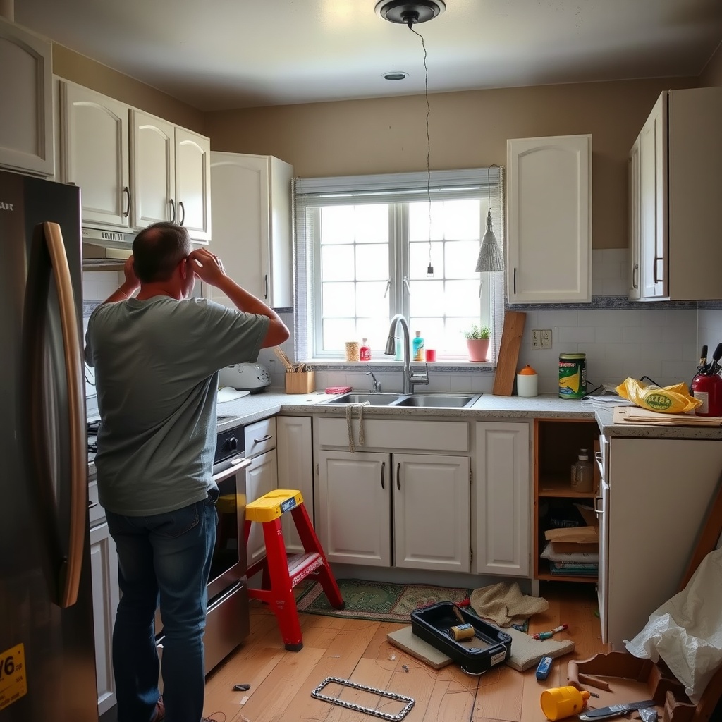 A man in a bright kitchen looking thoughtful amidst renovation supplies.