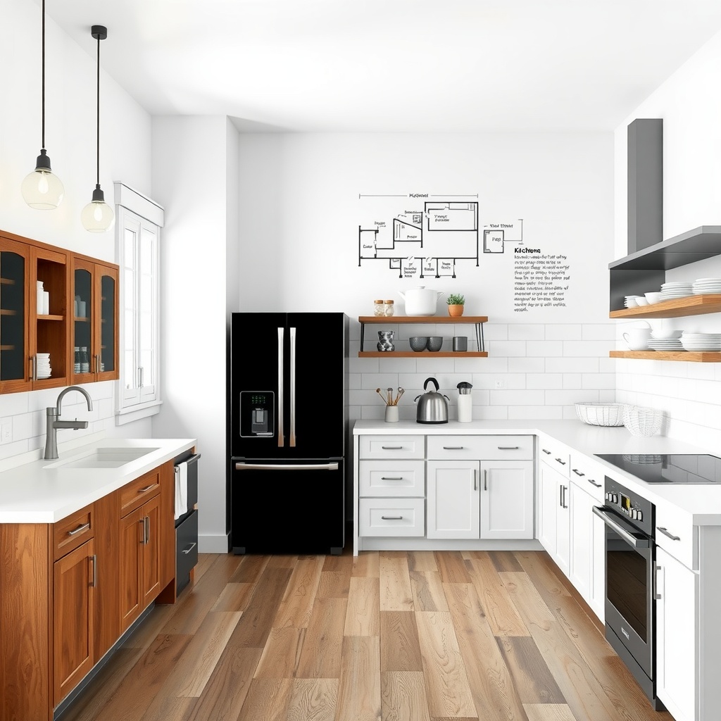 A modern kitchen with a black refrigerator and wooden cabinets showcasing an efficient layout.