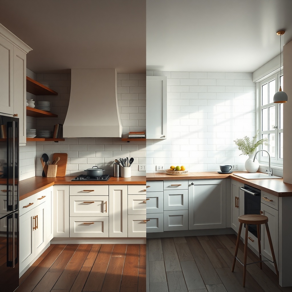 A split view of two kitchen designs, illustrating contrasting styles and color schemes.