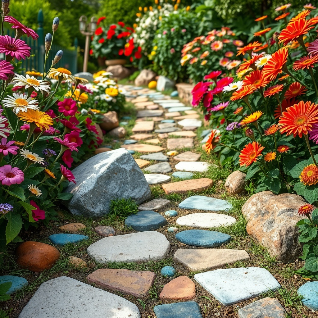 A colorful pathway made of painted rocks surrounded by vibrant flowers