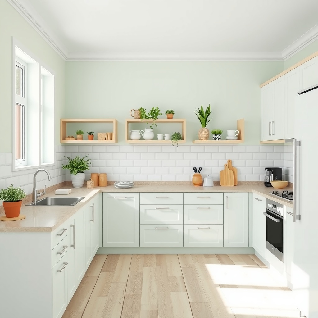 A kitchen featuring pale mint green walls, white cabinets, and wooden shelves with plants and dishware.