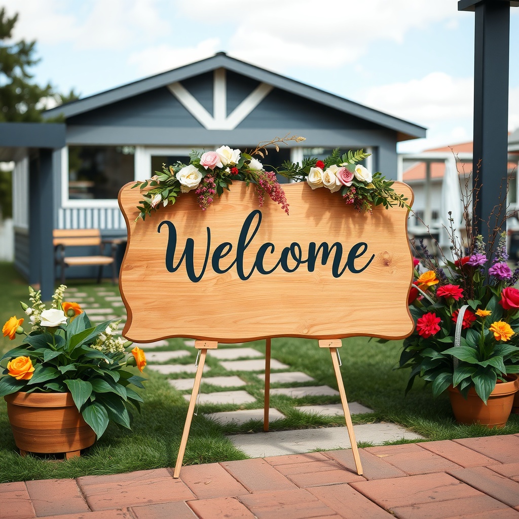 A wooden welcome sign decorated with flowers in an outdoor setting.