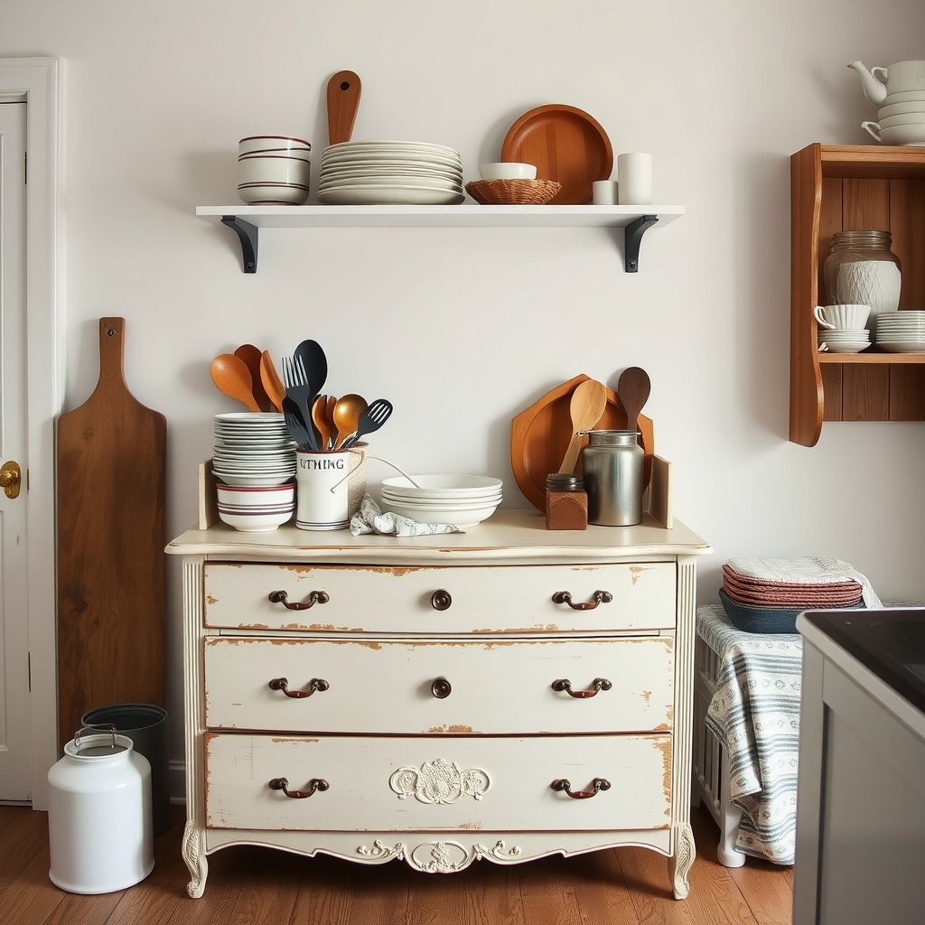 A vintage dresser in a kitchen used for storage, featuring plates, utensils, and wooden kitchenware on top.